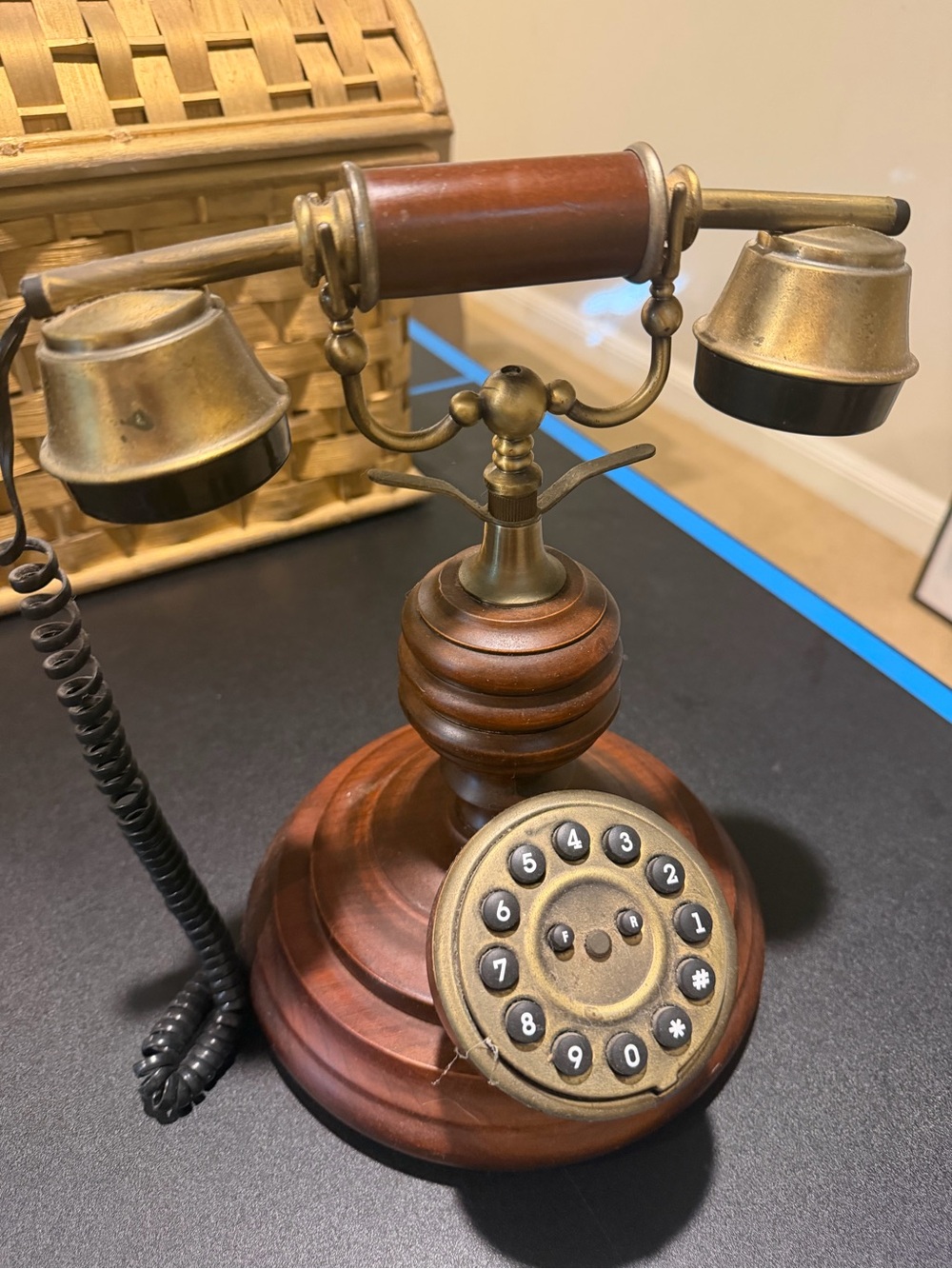 Vintage-Style Brown and Gold Rotary Desk Phone - Classic Home Accent